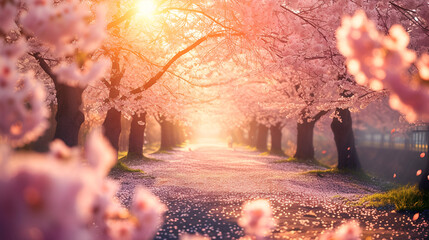blossoming sakura trees in the light of the sun and sakura petals lie on the paths with copy space and place for text
