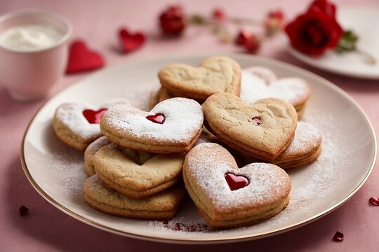 Indulge in the sweet aroma of freshly baked heart-shaped cookies, perfectly arranged on a delicate plate. specially design for valentines day.