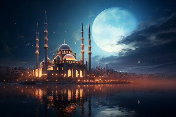 Luxury mosque on the seashore at night with the moon in the sky, Ramadan landscape