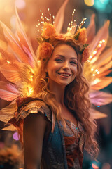 Fototapeta premium Enchanting fairy with glowing wings and floral crown smiling in a magical setting