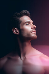 Portrait of a contemplative young man with stylish hair in moody lighting