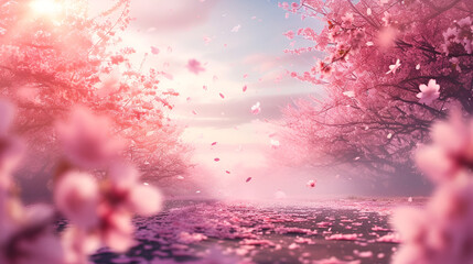 blossoming sakura trees in the light of the sun and sakura petals lie on the paths with copy space and place for text
