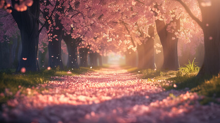 Obraz na płótnie Canvas blossoming sakura trees in the light of the sun and sakura petals lie on the paths with copy space and place for text