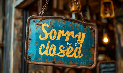 Sorry we're closed sign hanging on a dark wooden background indicating business hours, closure, and retail shop customer communication