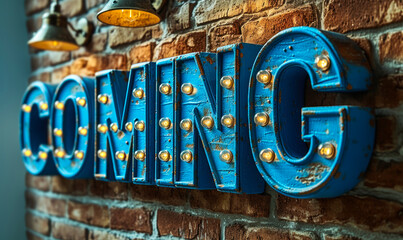 Retro Blue Marquee Letters with Light Bulbs Announcing COMING SOON on a Vintage Brick Wall Background, Indicating Upcoming Attraction or Event