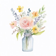 Bouquet of different flowers in a glass jar. Watercolor illustration in delicate pastel colors