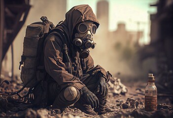 Soldier wearing gas mask in post-apocalyptic city ruins and battlefield. War concept.Generative AI