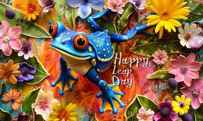 Fotobehang Vibrant and cheerful frog mid-leap celebrating Happy Leap Day surrounded by a burst of colorful spring flowers and foliage © Bartek