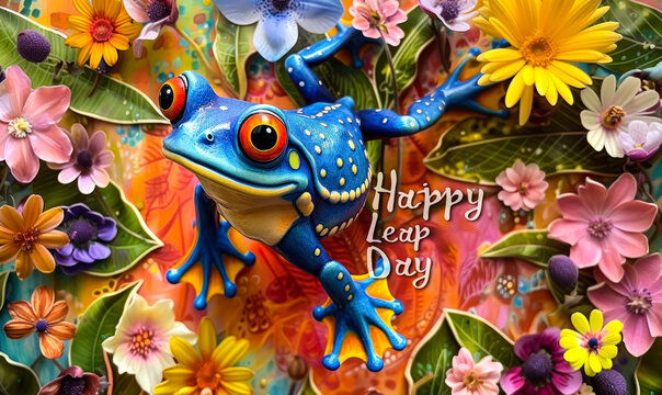 Vibrant and cheerful frog mid-leap celebrating Happy Leap Day surrounded by a burst of colorful spring flowers and foliage
