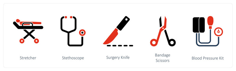 Stretcher, Stethoscope, Surgery Knife