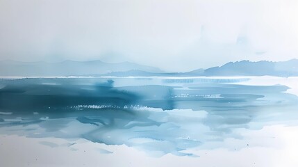 Ethereal blue watercolor landscape blending watery shades, creating a tranquil and abstract...