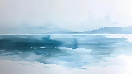 Schilderijen op glas Ethereal blue watercolor landscape blending watery shades, creating a tranquil and abstract artistic impression. © doraclub
