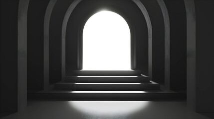 Monochromatic image of an abstract archway leading to a bright light, symbolizing hope and the unknown.