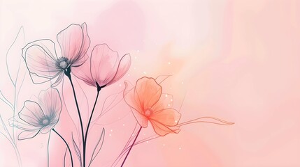 Delicate line art of flowers with transparent petals over a dreamy pastel pink background, perfect for elegant designs and wallpapers.