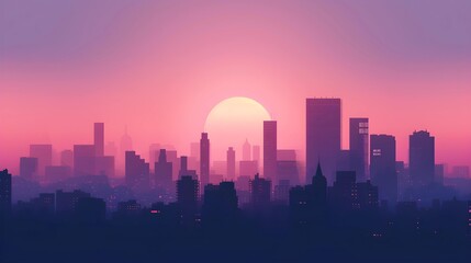 Fototapeta na wymiar Digital illustration of an urban skyline at sunset, with building silhouettes set against a radiant pink and purple sky.