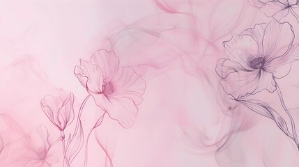 Artistic rendering of translucent flowers with fine line detailing, floating on a soft pink misty background.