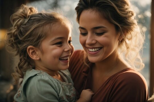 A heartwarming moment frozen in time - a mother and her baby girl sharing a joyful laugh International mother's day concept.