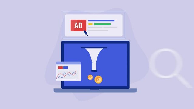 Sponsored ad analysis, Paid ad campaign performance, Digital ads redirecting visitors to sales page, conversion page optimization, 4K animation video clip