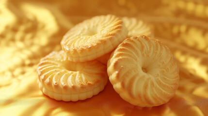 Tasty circular biscuits with crunchy texture on a colourful bright background.