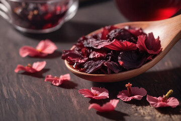 Wooden spoon with dry hibiscus tea close-up