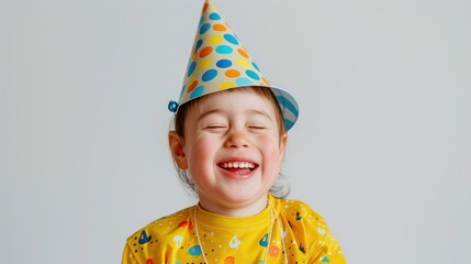 Funny little child with down syndrome with birthday hat on white background. Blue and yellow color,  symbol World Down Syndrome Day. Children disability, autism, kid birthday, solidarity, holydays