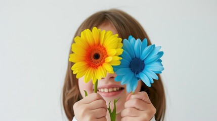 Kid girl with down syndrome holding blue and yellow flowers, colors symbol of World Down Syndrome Day. Autism, disability, solidarity, awareness, campaign. Children disability