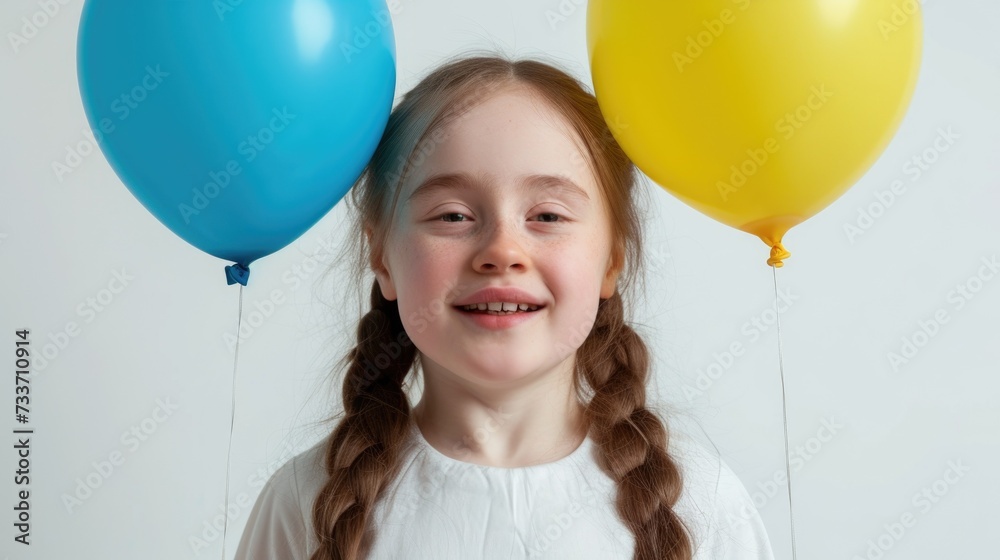 Wall mural girl with down syndrome holding two balloons yellow and blue, symbol world down syndrome day. childr