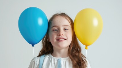 Fototapeta na wymiar Girl with down syndrome holding two balloons yellow and blue, symbol World Down Syndrome Day. Children disability