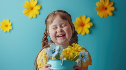 Kid girl with down syndrome holding blue and yellow flowers, colors symbol of World Down Syndrome Day. Autism, disability, solidarity, awareness, campaign. Children disability
