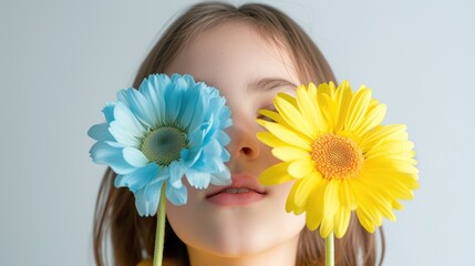 World Down Syndrome Day. Children girl with blue and yellow flowers. Down syndrome awareness day flower on white background
