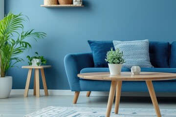 Round coffee table near blue sofa. Wooden shelf with home decor