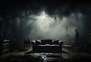 a dark creepy living room of an abandoned house tree grown on with light by table lamps and moon light shine through foggy with a man silhouette standing in background