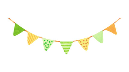 St. Patrick's Day garland.Watercolor and markers illustration.Hand drawn isolated clip art of holiday bunting.Hanging triangle flags for holiday celebration. Decor for congratulations in Irish colors.