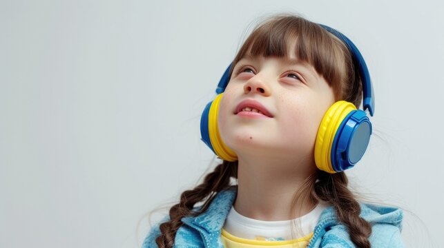 Concept  of World Down Syndrome Day. Child with music headset. Autism, disability, solidarity, awareness