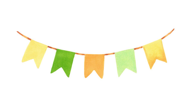St. Patrick's Day garland.Watercolor and markers illustration.Hand drawn isolated clip art of holiday bunting.Hanging flags for holiday celebration. For design, decor, flyers, printing.