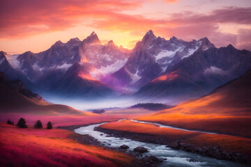 A landscape of mountains with a beautiful sunset - obrazy, fototapety, plakaty
