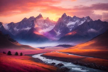 Foto op Aluminium A landscape of mountains with a beautiful sunset © AungThurein