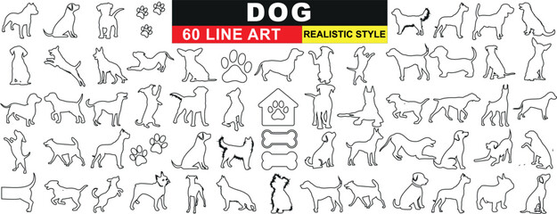 Dog line art collection, 60 realistic style drawings. Perfect for logos, branding, icons. High quality vector illustrations of various dog breeds and poses