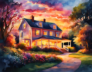 Watercolor style illustration with a cozy farmhouse at sunset. Dramatic AI generated landscape. Digital illustration. CG Artwork Background
