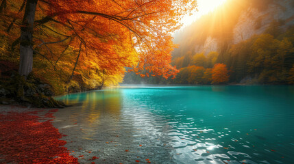 Vibrant autumn reflections on turquoise lake with fiery red foliage