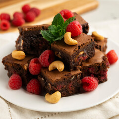 Chocolate brownie with raspberries and cashews.