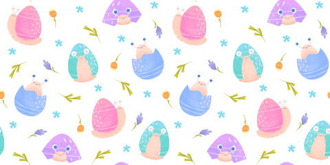 Seamless easter pattern snails in an eggs watercolor style, spring pattern with flowers and snails, Easter eggs seamless pattern, flowers and branches, Cornflowers, spring print for textiles