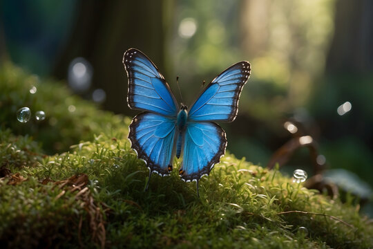 A close up of a blue morpho butterfly