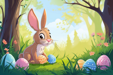 Easter bunny and eggs in forest