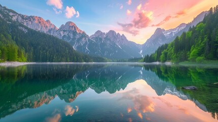 Fusine Lake bathed in morning calmness, Julian Alps waking up to a colorful summer sunrise Mangart peak graces the horizon, embracing the beauty of Udine, Italy