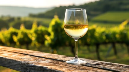 A glass of white wine against the backdrop of a grape plantation. Wine tasting in nature.