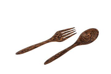 Wooden spoon and wooden fork on transparent background.