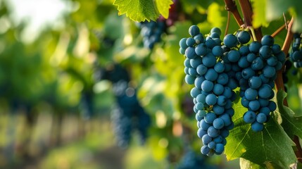 Fototapeta premium Fresh ripe black grapes close-up against the background of vineyards. Production of grapes for the production of grape juice and wine.
