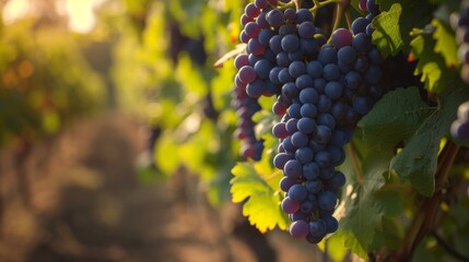 A row of fresh ripe Basanti grapes close-up against the backdrop of the vineyards. Growing grapes for wine production.
