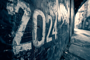 Spray painted graffiti tag of the word 2024 on a brick wall on city street, creating a blurred...